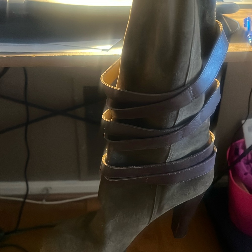 Olive/brown and burgundy knee high boots with 4 inch heel. Gently used.
